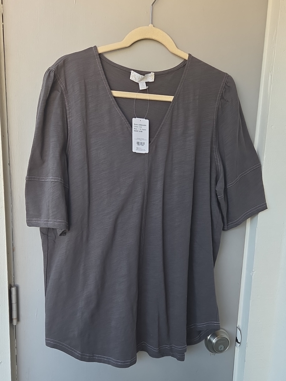 Washed Gray V-Neck Tee with Contrast Stitching